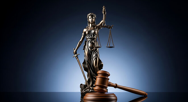 Themis blindfolded goddess of justice sculpture with large wooden gavel on reflective dark floor set