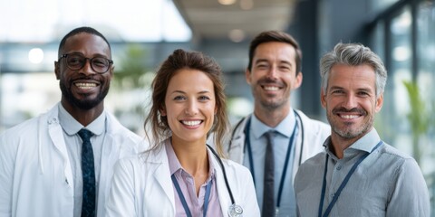 Diverse Group of Medical Professionals Smiling Together in Modern Healthcare Environment with Bright Natural Light and Positive Energy