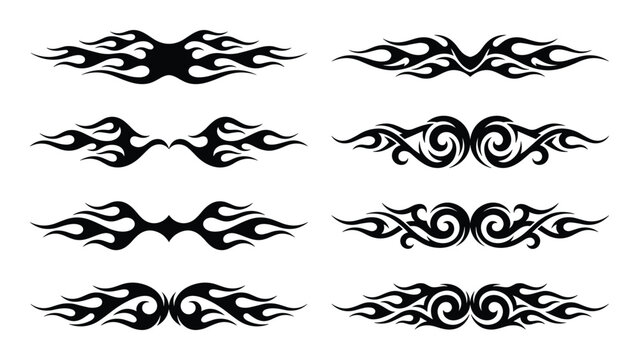 Tribal tattoo designs with flame patterns, symmetrical ornaments, and various shapes illustration