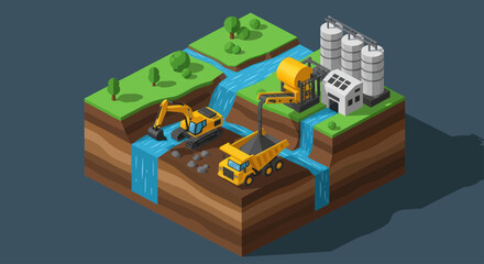 Isometric Construction Site with Excavator and Dump Truck. © Berkah