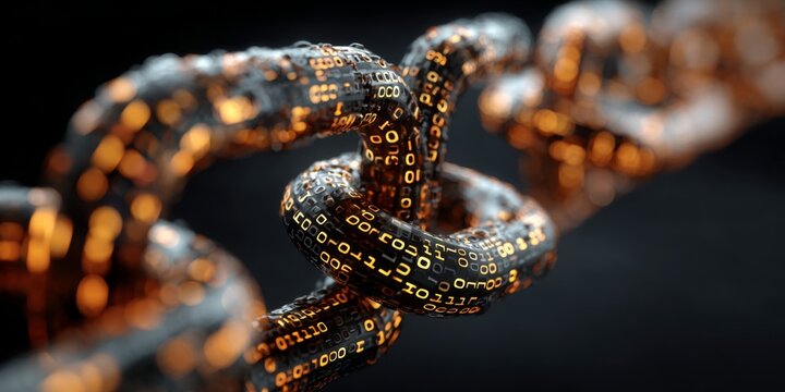 Digital chain link with binary code showcasing connection and technology, representing security and data integrity in modern networks and systems
