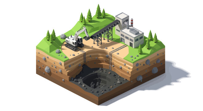 Isometric Cross-Section of a Mining Operation with Excavators and Conveyor Belt.