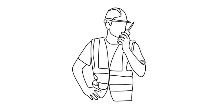 A line drawing of a construction worker wearing a hard hat and safety vest using a walkie talkie Vector, illustration