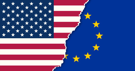 Concept showing geopolitical conflict USA and EU. USA national flag vs EU flag. © kashurin
