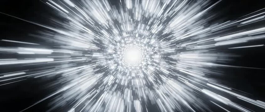 Light speed tunnel futuristic abstract background white motion line glowing warp drive science fiction space dynamic energy star trail time travel radial blur cosmic explosion immersive looping light