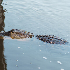 Large wild american alligator swimming in the dark blue swamp water with its head and scaly back partially above the surface.