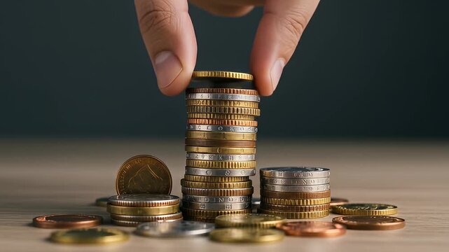 Hand reaching for coin stack on a wooden surface, against a dark background