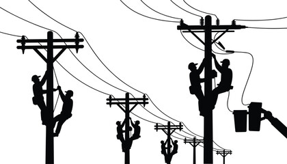 Electric linemen silhouettes repairing power lines on multiple utility poles with bucket truck isolated on white background, detailed electrical workers vector illustration set