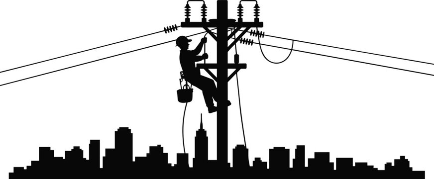 Electrician lineman silhouette working on utility pole above city skyline with power lines isolated on white background, detailed electrical worker vector illustration