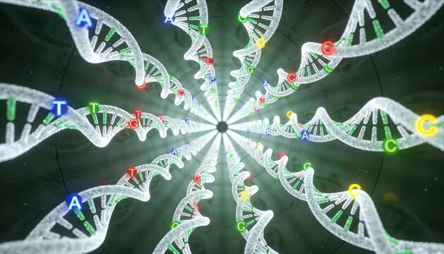 Dna helix looping videos tunnel genetics molecule science biology strand spiral structure chromosome genome genetic nucleotide sequence code medical research glowing tunnel futuristic genetic science