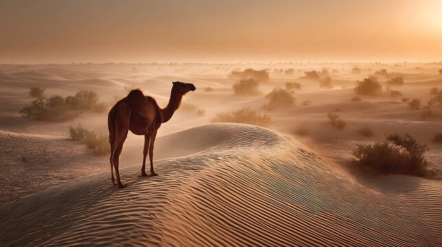 Camel stands atop a sand dune against a hazy desert sunrise with soft morning light.