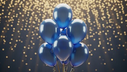 Fototapeta premium Balloon Bliss: A cluster of elegant blue balloons floats against a backdrop of twinkling lights, creating a festive atmosphere perfect for celebrations.