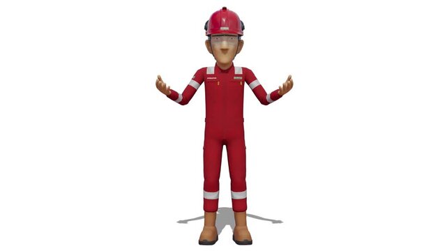 Industrial worker is presenting something on white background