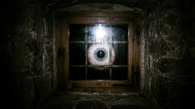 Giant Eye In Dark Tunnel, Surveillance Sensor Watching Through Rusted Grate, Stone Masonry Slick