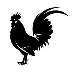 Black Silhouette Rooster Standing Proudly with Flowing Tail Feathers