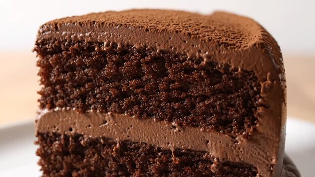 Decadent chocolate cake slice with rich frosting and cocoa powder