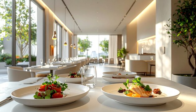 Artistic Culinary Presentation in a Minimalist Luxury Restaurant Featuring Bright Airy Interior Design