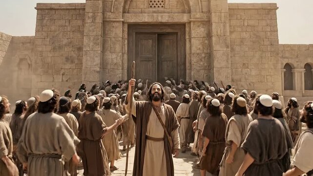 Crowd leading the previously blind man towards a stone synagogue