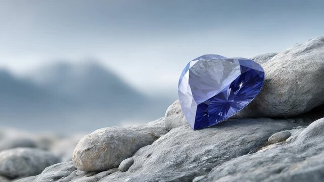 Unique blue gemstone rests on gray stones beside a quiet river in the early morning light with mountains in the background