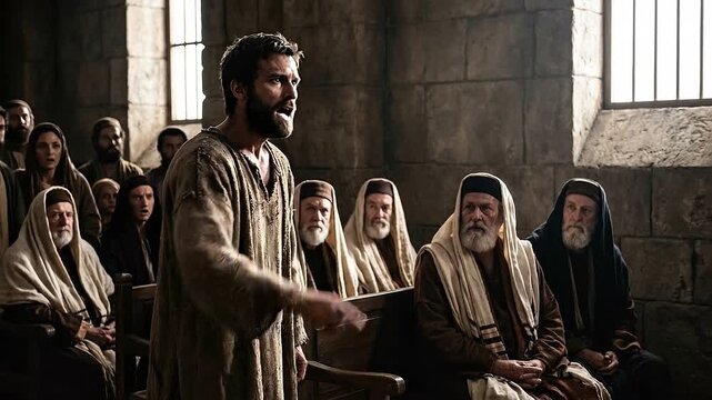 Healed man standing confidently before religious leaders in synagogue