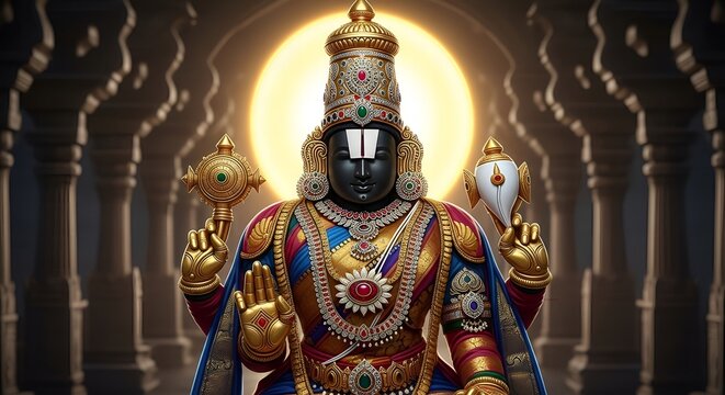 Elegant Digital Depiction of Lord Venkateswara with Golden Ornaments and Halo