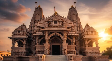 Majestic Exterior of Ornate Hindu Temple Architecture at Sunset Time