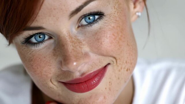 Woman with blue eyes and freckles smiles while resting her chin on her hand indoors during daytime