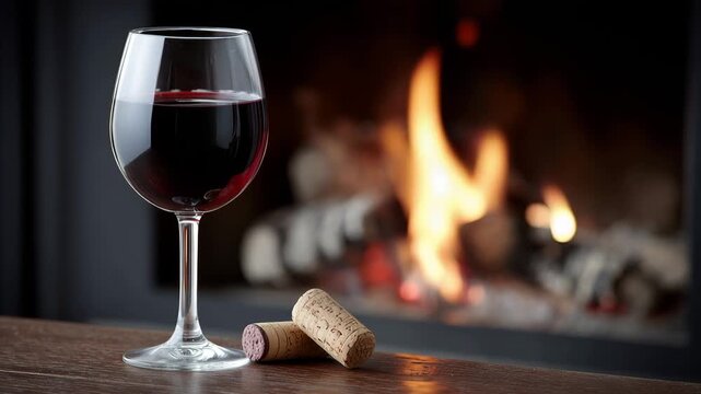 Glass of red wine sitting on a table with two corks next to it and a fireplace in the background during the evening