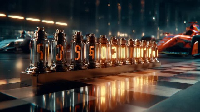 Race countdown timer shows numbers in glowing tubes as cars prepare to start on the track