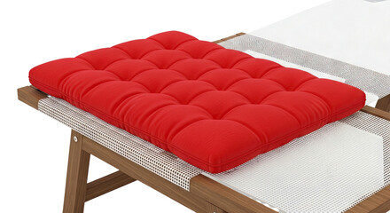 Fototapeta premium Red Tufted Seat Cushion on Wooden Bench