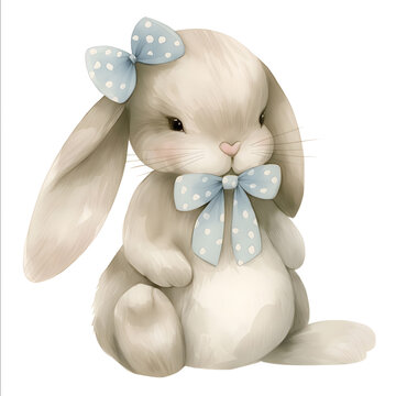 Beautifully crafted watercolor simple illustration charming cheerful Easter bunny for a childrens room on an isolated white background in blue and beige and beig