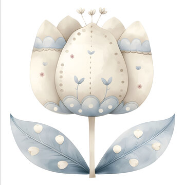 Beautifully crafted watercolor simple illustration charming cheerful Easter tulip for a childrens room on an isolated white background in blue and beige and beig