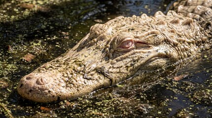 Obraz premium Closeup Crocodile Head In Murky Water, Sunlit Scales Flecked With Algae, Halfsubmerged Body Blending