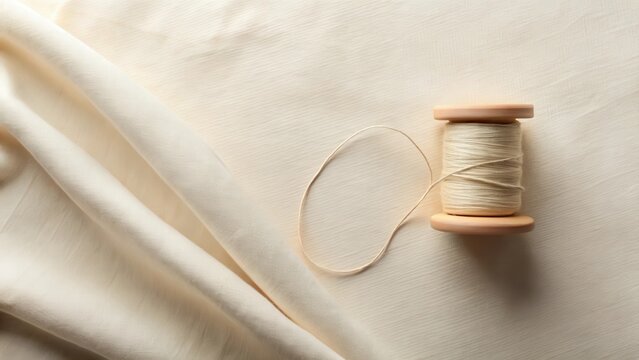 A wooden spool of cream-colored thread rests gently on a softly draped, textured beige fabric, creating a minimalist scene of simple elegance and natural texture.