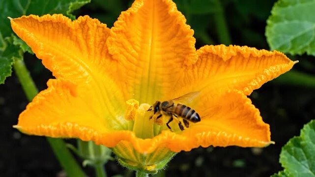 Close-up of a vibrant orange squash blossom with a bee nearby