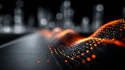 Minimalistic out-of-focus technology background with grain texture, blurred data waves, smooth orange, red, and black color tones, abstract futuristic digital concept for tech design.