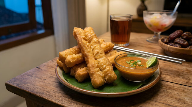 Indonesian Ramadhan Iftar Table with Cakwe (You Tiao), Peanut Sauce, Dates, and Fruit Soup