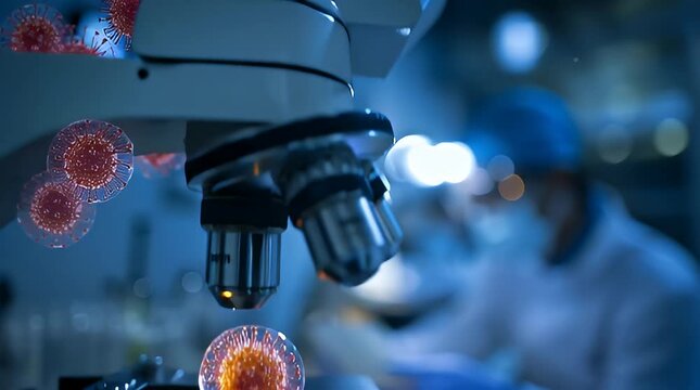 Advanced microscope research into viral pathogens and disease discovery in a modern scientific laboratory