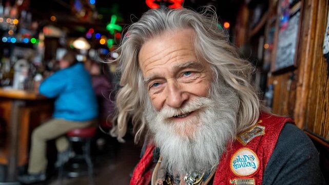 Older man with white beard smiles while sitting at bar during evening in a lively tavern filled with patrons