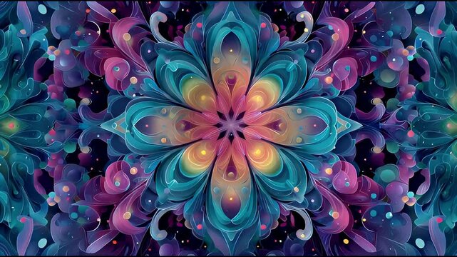 Vibrant Cosmic Bloom An Intricate Abstract Mandala with Flowing Petals and Glowing Energy