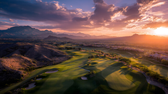 A serene golf course nestled in a valley at sunset mountains in the background