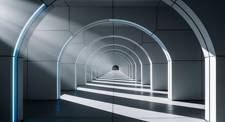 Fototapeta premium Futuristic tunnel with glowing blue arches leading to the distance