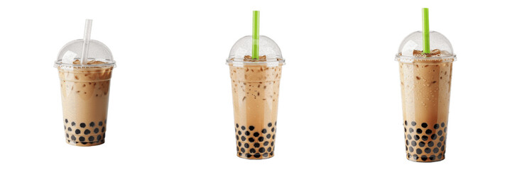 Bubble tea with tapioca pearls in transparent cup isolated on white background, Boba tea, Taiwanese milk tea, black tea or green tea base, tapioca balls, cold beverage, sweet drink, Asian tea trend