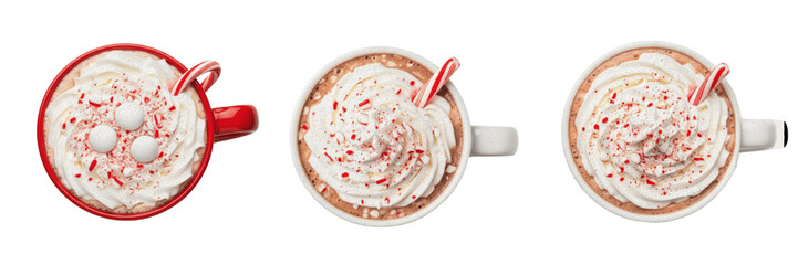 Peppermint hot chocolate in mug top-down view isolated on white background, Mentha piperita infused chocolate beverage, cocoa drink, winter hot beverage, aromatic chocolate, sweet drink, wellness © Greate