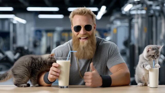 Man with beard holds drink at gym while two cats sit on table with him during workout session