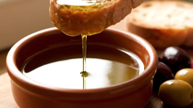 Close-up of bread being dipped into olive oil, olives nearby in a rustic bowl