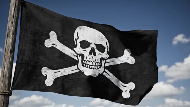 Classic pirate flag with skull and crossbones waving on a flagpole