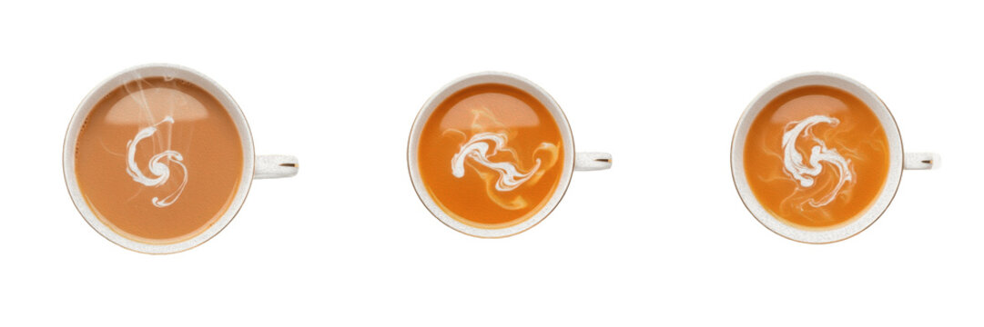 Earl Grey tea with milk in porcelain cup top-down view isolated on white background, Camellia sinensis black tea with Citrus bergamia, English flavored tea, aromatic hot beverage, wellness drink, caff