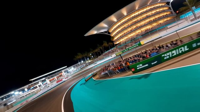 Night race takes place at Yas Marina Circuit in Abu Dhabi with large crowd watching the event unfold
