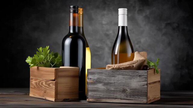 Wine bottles in wooden boxes with greenery on a dark background during a wine tasting session in an indoor setting
